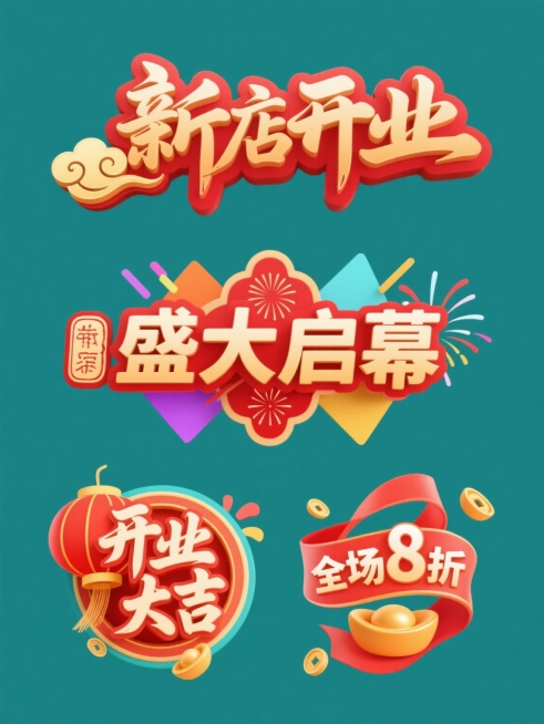 纯色背景上，四个不同造型的新店开业元素内容系列素材集合规整排布，每个元素均保持中国风书法字体设计风格，主色调为红色与金色渐变，搭配彩色几何形状装饰和动感线条。第一个元素为立体书法字“新店开业”配金色祥云图案；第二个元素为印章式“盛大启幕”文字搭配烟花绽放效果；第三个元素为灯笼造型环绕“开业大吉”书法字；第四个元素为飘带缠绕的“全场8折”促销信息与元宝图形组合，整体视觉层次分明，色彩和谐统一，营……预览效果