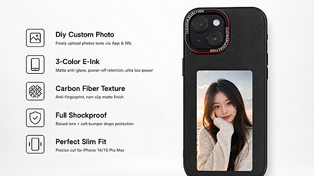 Matte black DIY e-ink phone case core selling point page for AliExpress detail page, minimalist advanced 3C digital style, all text English no Chinese no watermark.
Layout: Five core selling points with icons on the left, phone case close-up on the right. Keep original product appearance 100% consistent. Background: pure white gradient, soft natural light, clear product details, neat layout, clear visual hierarchy.
Left selling points: each with simple icon, title and description:
1. (image icon) Diy Custom Photo - Freely upload photos texts via App & Nfc
2. (display icon) 3-Color E-Ink - Matte anti-glare, power-off retention, ultra low power
3. (texture icon) Carbon Fiber Texture - Anti-fingerprint, non-slip matte finish
4. (shield icon) Full Shockproof - Raised lens + soft bumper drops protection
5. (fit icon) Perfect Slim Fit - Precise cut for iPhone 14/15 Pro Max
16:9 ratio, 4K resolution, clean and high definition. Negative: deformation, watermark, Chinese, text error, blur, messy background