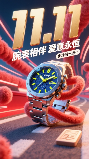 背景是充满动感的亮红色速度线抽象光影，如同赛道上飞驰的轨迹。一款硬朗的机械运动手表以微微倾斜的角度置于画面中心，表盘细节清晰，指针散发着幽蓝或亮黄色的夜光，与红色背景形成强烈撞色。表身周围有金属质感的预览效果