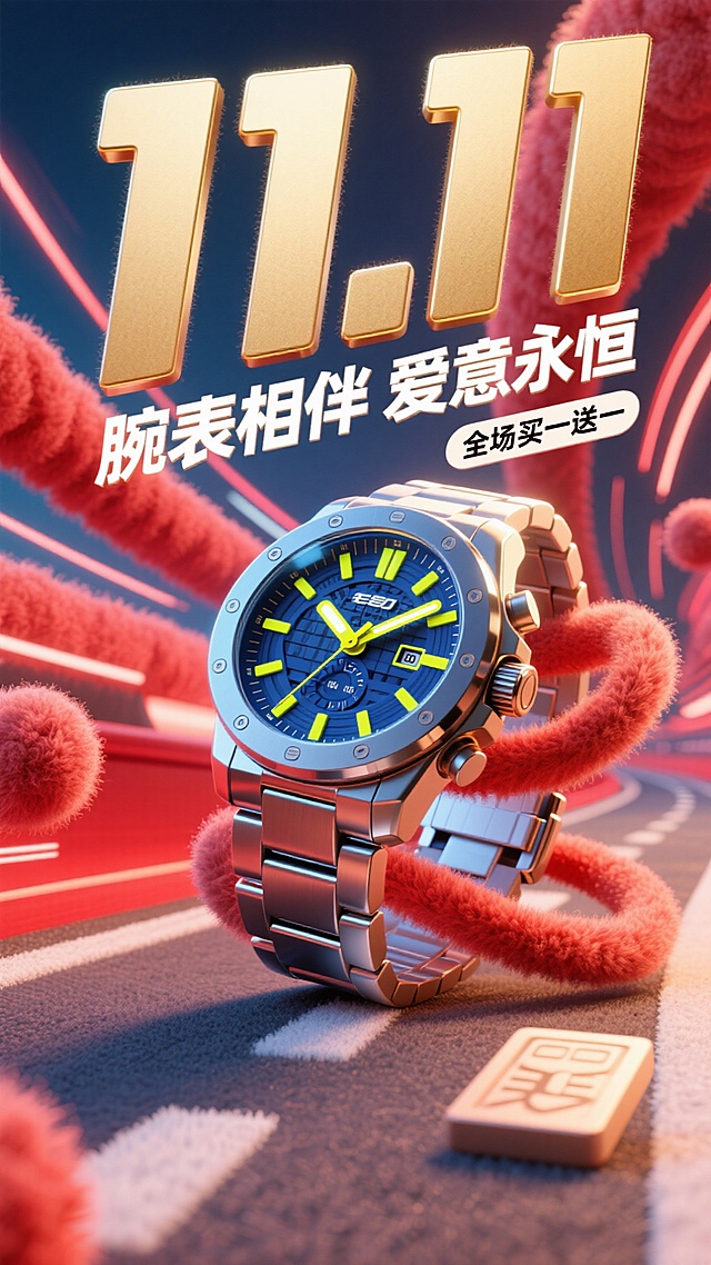 背景是充满动感的亮红色速度线抽象光影，如同赛道上飞驰的轨迹。一款硬朗的机械运动手表以微微倾斜的角度置于画面中心，表盘细节清晰，指针散发着幽蓝或亮黄色的夜光，与红色背景形成强烈撞色。表身周围有金属质感的光效流动，强调速度与力量。
白色的“11.11”logo，巨大亮金色质感的主标题“腕表相伴 爱意永恒”使用 bold 的无衬线粗体，以突破式的布局斜贯画面，充满力量感。副标题“全场买一送一”则以块状标签形式固定在角落，醒目直接。