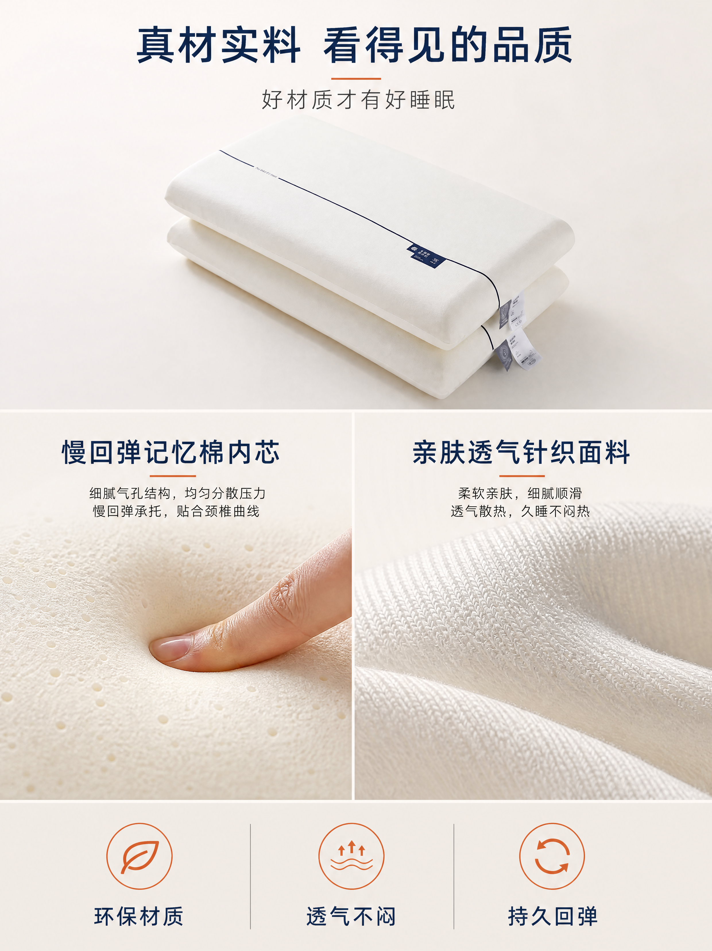 [第4张] 材质解析页 - 记忆棉内芯+亲肤面料细节微距展示。… - 图片创意预览