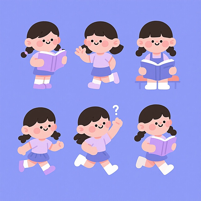 6个同系列儿童卡通插画素材集合，保持原可爱Q版扁平手绘风格，纯色背景，画面整体色彩变换为清新蓝紫色调，包含手持书本的小女孩核心元素，每个素材为完全不同的造型与角度：站立挥手、坐姿阅读、奔跑动态、举手提问、微笑展示书本、侧身倾听，所有元素规整排布，线条圆润简洁，色彩明快柔和，面部表情生动，服饰细节一致，整体构图协调统一。