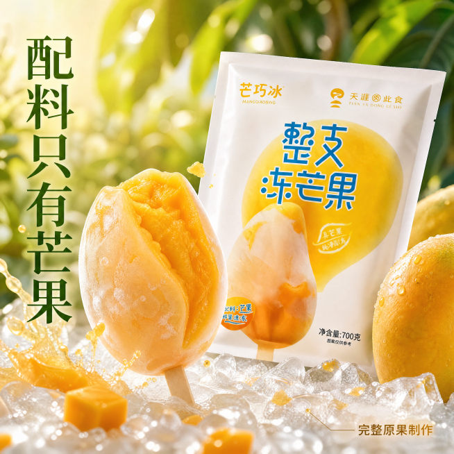 [主图-2] 芒巧冰整支冻芒果核心卖点展示，突出原料纯净无添加
[氛围风格] 自然真实果园氛围，新鲜健康感
[画质] 商业摄影质感、光线柔和通透、产品清晰真实、画面干净高级
[元素] 一半是切开的整支预览效果