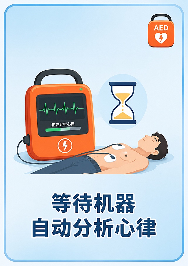 A5竖版急救科普游戏卡片设计，简约扁平插画风格，适合打印，无任何数字编号。顶部右侧有小型AED图标。中间主体是大幅扁平插画：AED设备屏幕上显示心电图波形和分析进度图标，旁边有沙漏等待图标，患者平躺一旁。底部是清晰醒目的中文标题文字：等待机器自动分析心律。背景为干净的浅蓝色渐变，整体留白充足，文字清晰易读。卡片四周留安全边距，打印友好，画面中不出现任何数字或步骤编号