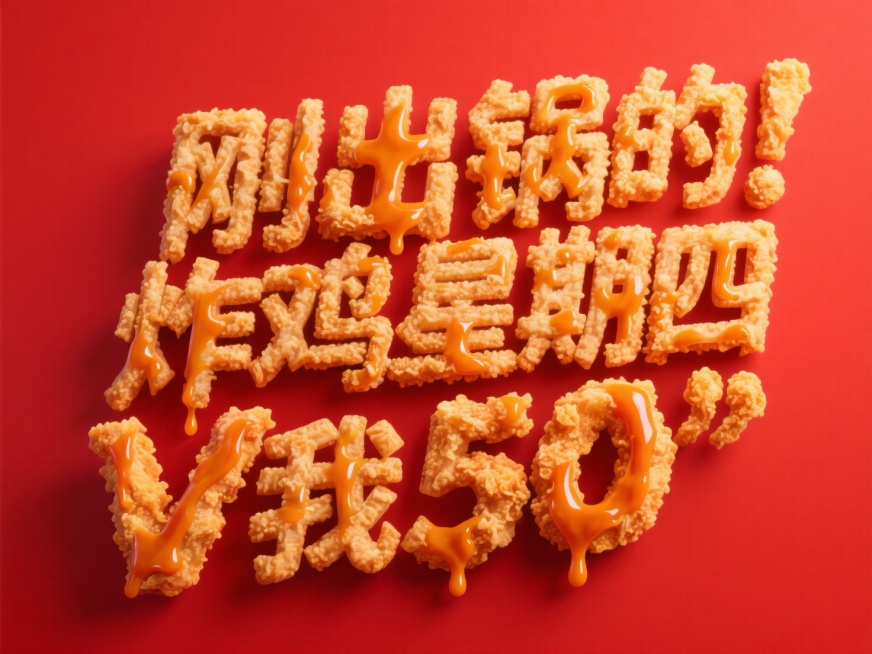 主体为刚出锅的炸鸡面衣质感的立体字“疯狂星期四V我50"，表面酥脆，蘸着一些炸鸡酱，背景为红色预览效果