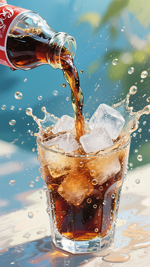 插画风液态设计，清爽感十足，冰块与汽水碰撞，夏日清凉瞬间。