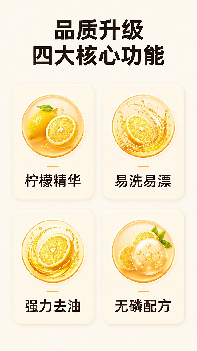 [第3屏] 核心卖点解析-四大核心功能展示。本屏使用图生图参考风格排版
[氛围/风格] 简约干净功能展示，暖色调，清晰图文层次
[元素布局] 顶部大标题区，下方2×2四宫格排列，每个宫格对应一个核心卖点，带圆形柠檬图标。每个宫格为浅米色圆角卡片，图标在上，文字在下。四个卖点分别为：柠檬精华、易洗易漂、强力去油、无磷配方
[光影质感] 整体均匀布光，卡片之间留出足够间距，清晰不拥挤
[配色色系] 全局底色 #f8f0e3；主色暖橙色图标；卡片底色浅米白，文字深棕色
[视角构图] 上下排版，工整分块，阅读从上到下，从左到右
[文字版式] 顶部主标题「品质升级 四大核心功能」加粗黑体；每个宫格内卖点文字居中，清晰醒目，字体大小适配移动端
[比例分辨率] 9:16竖版比例，4K分辨率，文字清晰可辨，高清画质
[负向提示词] 卡片拥挤重叠，文字错乱，颜色怪异，布局失衡