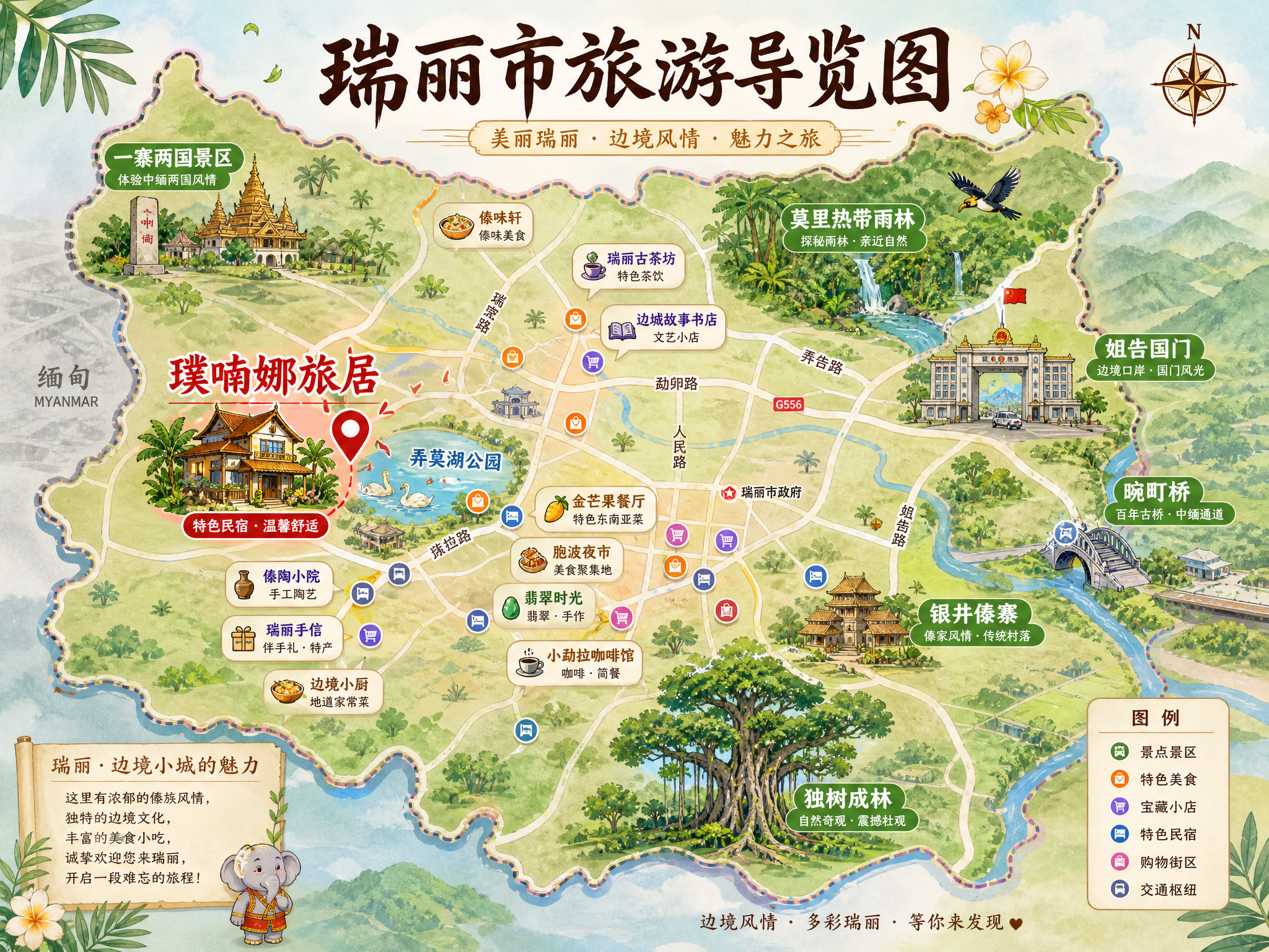一张清新手绘风格的瑞丽市旅游导览地图插画，按照瑞丽市的地理形状… - 图片创意预览