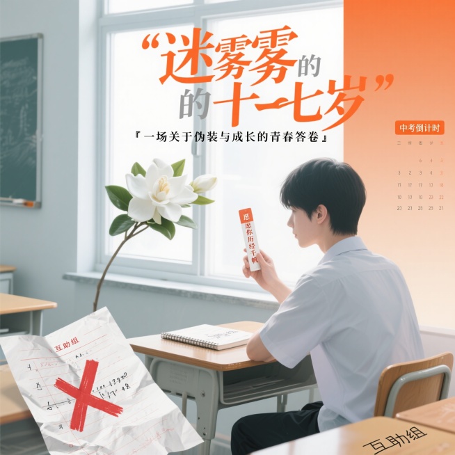左侧是浅灰色调的教室场景，半开的窗户飘进白色栀子花，窗下摊着带红叉的数学答题卡，边角压着揉皱又展平的痕迹；右侧是暖橙色渐变背景，林屿侧影坐在书桌前，指尖捏着“愿你历经千帆”的书签，桌角放着互助组签名的预览效果