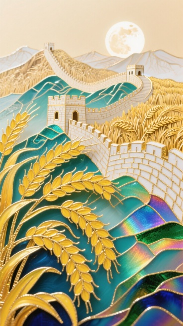 画面仿制麦秆画工艺，利用麦秆天然的色泽和光泽进行拼贴。近景是金黄色的麦穗（丰收致敬国庆），中景是蜿蜒的长城，远景是一轮由浅色麦秆拼贴出的明月。麦秆的天然纹理赋予山河独特的肌理感，整体色调温暖质朴，寓意预览效果