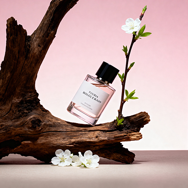 唯美感与优雅感交织，清新柔和的色调中融入木雕风纹理与轻拟物设计，简约主义构图展现香水瓶与樱花枝的实景质感，传递春日静谧意境。