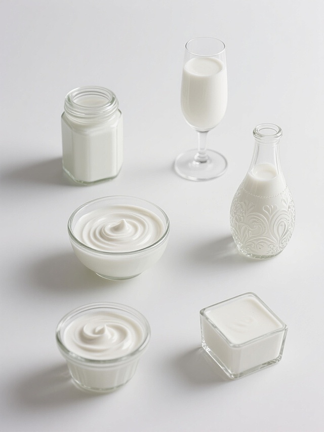 六款不同造型的玻璃容器装着细腻顺滑的白色酸奶，每个容器造型独特（如圆柱形带盖、方形矮罐、细长高脚杯、广口圆碗、带花纹浮雕瓶、简约小方盒），酸奶表面均有精致的奶油状旋涡，整体采用超写实摄影风格，白色纯色背景，柔和的侧上方光源形成自然阴影，高清晰度展现玻璃的通透质感与酸奶的浓稠光泽，六个容器呈两行三列规整排布，彼此间距均匀，画面简洁干净，突出酸奶的纯净与容器的多样设计感。