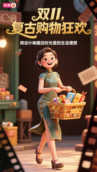 以复古旧电影海报风格呈现双11，背景是深棕色，带有一些模糊的旧电影胶片纹理。海报中间是一位穿着复古旗袍的女性，她手持一个装满商品的购物篮，脸上洋溢着幸福的笑容。海报上方用金色的复古字体写着“双11，复预览效果