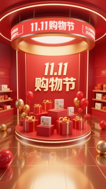 3D风格，红金色，“11.11购物节”预览效果