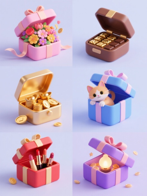 一套6个完全不同造型的礼盒系列素材集合，采用规整的网格排布，每个礼盒均保持统一的3D立体风格、圆润边角设计、高光与阴影的细腻渐变质感、以及纯色背景。整体画面色彩变换为柔和清新的马卡龙色系，每个礼盒拥有独特的主色调。第一个粉色礼盒中装满色彩鲜艳的鲜花，礼盒盖微微开启，花瓣与丝带轻柔飘出；第二个棕色礼盒打开，露出排列整齐的巧克力，金色锡纸包装在光线下闪耀；第三个金色礼盒内是堆叠的金币和闪亮的元宝，……预览效果