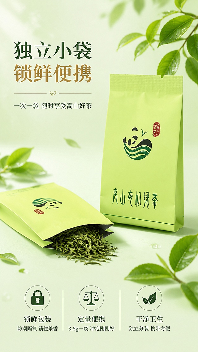 [第6屏] 独立小袋细节屏-便携锁鲜展示。本屏使用【图7】作为商品主体（浅绿色独立小袋茶包特写）。
[氛围/风格] 清新自然风格，小袋细节质感，便携生活化，商业摄影质感。
[元素布局] 一袋竖立的小袋茶包置于画面右侧，占比约40%，正面熊猫logo和「高山有机绿茶」文字清晰；左侧平放一袋小袋茶包，袋口微微撕开，露出少许嫩绿干茶；背景为浅茶绿渐变，点缀新鲜茶叶、水滴元素，营造清新自然氛围；小袋包装颜色、logo、文字与输入图完全一致，不得修改。
[光影质感] 上方柔和自然光，小袋包装质感清晰，干茶颗粒嫩绿有光泽，水滴晶莹剔透，整体明亮清新。
[配色色系] 全局底色 #E8F5E9（浅茶绿）；主色浅茶绿+深墨绿；辅助色暖金色、嫩绿茶叶色。
[视角构图] 45°斜侧平视，两袋茶包一立一卧形成层次，阅读动线左上标题→中间产品→底部卖点。
[文字版式] 温润宋体标题字，字色深墨绿+暖金色。左上主标题「独立小袋 锁鲜便携」，副标题「一次一袋 随时享受高山好茶」。底部三栏卖点：「锁鲜包装」「防潮隔氧 锁住茶香」，「定量便携」「3.5g一袋 冲泡刚刚好」，「干净卫生」「独立分装 携带方便」。三栏用细线分隔，图标+文字排列。
[比例分辨率] 9:16竖版比例，4K分辨率，文字清晰可辨，高清画质。
[负向提示词] 小袋变形，logo文字错乱，颜色偏差，水印，文字过小，产品模糊，干茶不真实。