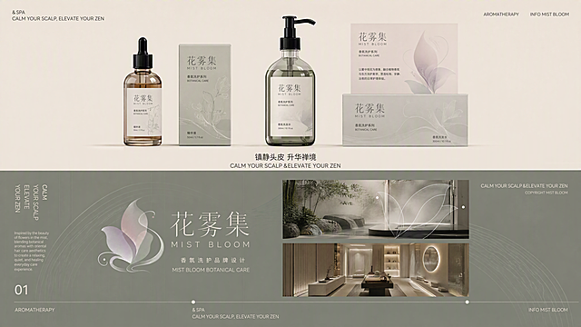 品牌视觉提案页设计。参考图2的整体上下分区构图、产品展示位置、图片排布节奏、文字层级、留白比例、细线装饰图形和清冷高级的排版风格。将画面中所有原品牌文字、Logo、标题、产品标签和说明文字全部替换为花雾集MIST BLOOM。

画面中绝对不允许出现原品牌相关内容SUMMER HALF、半夏以及其他无关品牌中英文，所有可见品牌标识必须只显示花雾集和MIST BLOOM。

【上半部分】浅米色背景，保留参考图的产品展示版式。从左至右依次摆放：精华滴管瓶、小型包装盒、大泵头洗发水瓶、右侧产品说明卡片和包装盒。全部为花雾集MIST BLOOM香氛洗护系列产品。产品材质为高级玻璃瓶，浅茶色玻璃、灰绿色玻璃、通透玻璃，部分瓶身带轻微细腻磨砂质感，搭配哑光黑色泵头、滴管盖或旋盖。包装盒为柔米白、灰豆绿、雾灰粉、浅银灰哑光卡纸，包装上加入朦胧花瓣、薄雾曲线、植物线稿和新中式抽象纹样，整体不要高饱和颜色。左上角小字"& SPA / CALM YOUR SCALP, ELEVATE YOUR ZEN"，右上角"AROMATHERAPY / INFO MIST BLOOM"。中央下方主标题中文"镇静头皮 升华禅境"，英文"CALM YOUR SCALP & ELEVATE YOUR ZEN"。

【下半部分】灰豆绿低饱和背景，清冷品牌视觉区。左侧展示品牌Logo花雾集MIST BLOOM，使用花瓣薄雾符号，搭配浅淡的薄雾曲线底纹、细线网格和留白排版。左侧竖排文字"CALM / YOUR SCALP / ELEVATE / YOUR ZEN"，旁边有一段英文说明。右侧上下分布两张氛围图：上方是东方自然意境或SPA空间局部图，叠加简约花瓣线条几何图形；下方是SPA室内空间全景图。右上角"CALM YOUR SCALP & ELEVATE YOUR ZEN"及"COPYRIGHT MIST BLOOM"。底部有一条细线装饰带，标注"AROMATHERAPY"、"& SPA CALM YOUR SCALP, ELEVATE YOUR ZEN"、"INFO MIST BLOOM"。左下角有数字"01"。

画面文字必须清晰、准确、无乱码，主标题为花雾集，英文为MIST BLOOM，副标题香氛洗护品牌设计、MIST BLOOM BOTANICAL CARE。说明文字以雾中观花为意象，融合植物香氛与东方洗护美学，营造松弛、安静、治愈的日常护理体验。

整体色调为低饱和莫兰迪色系，雾灰粉、烟紫灰、灰豆绿、柔米白、浅银灰，光影柔和均衡，明亮但不过曝，清冷、克制、现代东方氛围。版式干净精致，留白充足，商业品牌提案页质感，适合毕业设计作品集展示，高清，材质真实细腻，玻璃通透有高光，卡纸包装有细微纸纹理。

画面中必须完整呈现以下文字信息：花雾集、MIST BLOOM、AROMATHERAPY、CALM YOUR SCALP、ELEVATE YOUR ZEN、香氛洗护品牌设计、镇静头皮 升华禅境、MIST BLOOM BOTANICAL CARE。画面中所有数字必须精确渲染，不得出现错位、遗漏或编造的数字。画面中所有信息区域必须填充完整合理的内容，不得出现空白框、空白占位。版式精美。