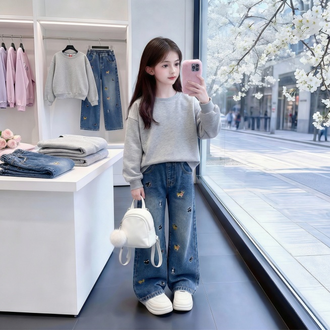 用图1的衣服和裤子替换掉挂图的模特身上穿的衣服裤子和后面旁边架子上挂的衣服以及旁边台子上堆叠的衣服，保留原场景光影，保持图2的人物的五官和发饰不变，姿势不变，背景不变，图片宽高尺寸不变，保持图1的衣服预览效果