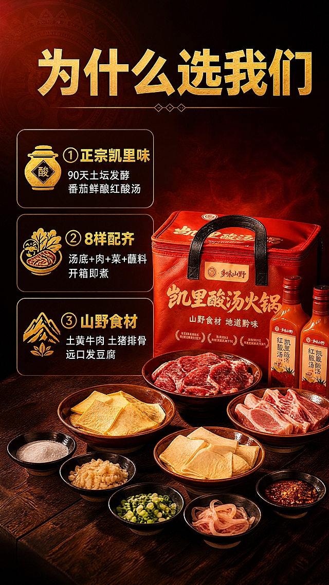 [第2张·核心卖点]
[商品] 使用【图1】凯里酸汤火锅套餐；保留红色保温礼袋、红酸汤瓶、主要食材碗的外观和颜色；突出产品主体。
[画面] 页面目标：3大核心理由，建立购买信心。左文右图布局。右侧是套餐主体：红色保温礼袋+两瓶红酸汤+几碗核心食材（牛肉、排骨、豆腐），摆放在木质台面上，占画面约50%。左侧是三个卖点模块，从上到下排列，每个模块有金色图标+标题+说明。背景是深暗红色渐变，有淡淡的苗族纹样暗纹。
[视觉] 套系策略：风格=食欲感美食摄影+民族风质感；标题字=粗黑体+金色渐变；正文字=白色细黑体；主色=酸汤红+深暗红；背景延展=深红渐变+苗族蜡染暗纹+暖光晕染；强调色=金色；标题色=金色渐变；正文色=白色；组件=圆角半透明深色卡片+细金线边框；光影=暖金色侧逆光，温润有层次。
[文字] 顶部大标题金色粗黑体「为什么选我们」，下方三个卖点：
① 「正宗凯里味」——90天土坛发酵 番茄鲜酿红酸汤
② 「8样配齐」——汤底+肉+菜+蘸料 开箱即煮
③ 「山野食材」——土黄牛肉 土猪排骨 远口发豆腐
每个卖点有金色图标和白色说明文字，横排排版，清晰可读。
[规格] 9:16竖版，4K，避免变形、错字、模糊、杂乱、水印、平台Logo、二维码、绝对化用语。