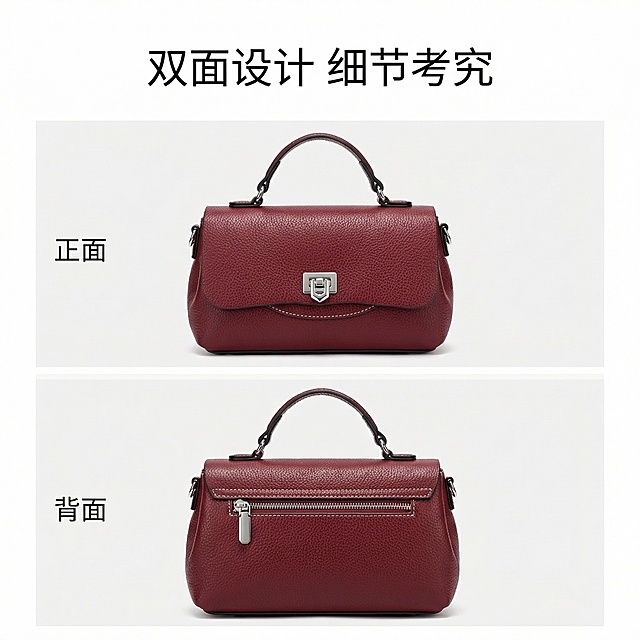 [垫图] https://gdesign-dam-hz.dancf.com/35921463248538773/b14bee30dabd42cfbbda0982cdc5701c.jpg https://gdesign-dam-hz.dancf.com/35921464117808173/3ca638caba0f4774bc7ca26f4aed3ac5.jpg
[主图主题] 酒红色小方包正反面设计展示图
[氛围/风格] 简约干净，对比清晰
[画面元素] 上下拼图构图，上方展示包正面，下方展示包背面，两张图尺寸均等，光影统一，清晰呈现正反两面不同的设计细节，哑光荔枝纹牛皮纹理自然清晰
[配色色系] 主色调：酒红色；辅助色：浅灰白色背景
[视角构图] 对称上下构图，平视拍摄
[文字版式] 左侧标注“正面”“背面”小字，顶部主标题“双面设计 细节考究”，字体简约无衬线，不遮挡产品主体
[比例分辨率] 1:1 比例，2K分辨率