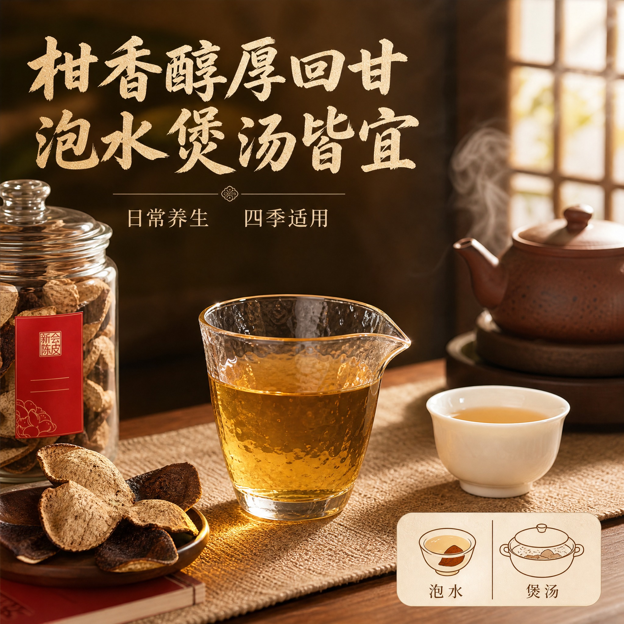 [主图-4] 新会陈皮冲泡饮用场景图，展示泡水煲汤皆宜的使用场… - 图片创意预览