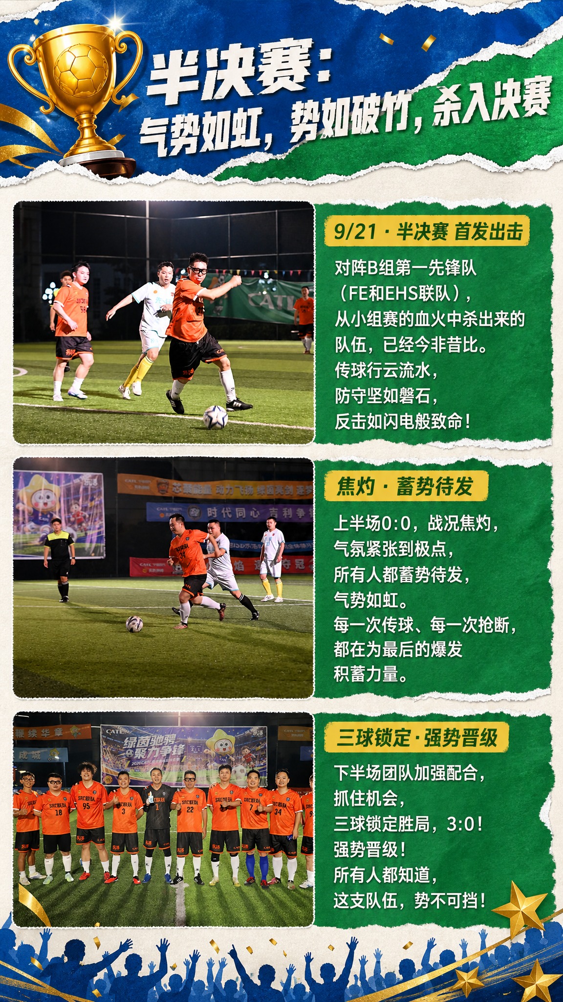 基于小组赛战报海报的版式风格（顶部蓝绿撕纸背景+金色奖杯+主标… - 图片创意预览