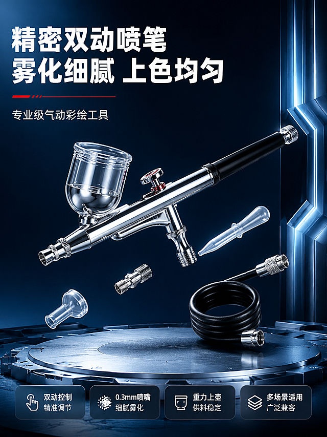 [第1屏] 详情页头图-双动喷笔套装主视觉海报。本屏使用【图1】作为商品主体，喷笔与配件完整展示。
[氛围/风格] 专业工业科技风，深蓝金属质感，商业摄影级光影，精密工具高级感。
[元素布局] 喷笔主体斜向放置于画面中央偏右，占比约55%，重力上壶朝上，喷嘴朝左下；周围悬浮展示气罐、气管、喷嘴配件等关键部件；背景为深蓝色渐变科技感空间，底部有金属质感台面，台面有微弱反光；左上角留标题区，右侧有发光线条装饰。喷笔物理结构、比例轮廓、金属银色机身、黑色握柄、红色调节钮、透明料壶与输入产品图完全一致。
[光影质感] 左上方主光源打亮喷笔金属机身，右侧辅光勾勒轮廓，底部有柔和投影，金属表面有清晰高光反射，整体通透有质感。
[配色色系] 全局底色 #0A1628 深蓝渐变；主色银灰色金属机身；辅助色深蓝背景、红色点缀、白色文字。
[视角构图] 45°斜侧视角，微仰视，产品为视觉中心，阅读动线左上标题→中央产品→底部卖点条。
[文字版式] 版式为左上大标题 + 中央产品 + 底部信息条。主标题「精密双动喷笔」，副标题「雾化细腻 上色均匀」，两行白色粗黑体左对齐；标题下方小字「专业级气动彩绘工具」；底部横向排列4个卖点胶囊：「双动控制」「0.3mm喷嘴」「重力上壶」「多场景适用」，胶囊为半透明深蓝底白字。文字不遮挡喷笔主体关键部位。
[比例分辨率] 3:4 竖版比例，4K 分辨率，文字清晰可辨，高清画质。
[负向提示词] 喷笔变形，缺件错件，颜色偏差，水印，文字错乱，产品图模糊，背景杂乱，结构错误。