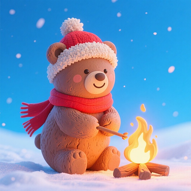一个萌系小熊烤火。它戴着红色帽子，系着红色围巾，面带微笑，蓝色下雪渐变背景。