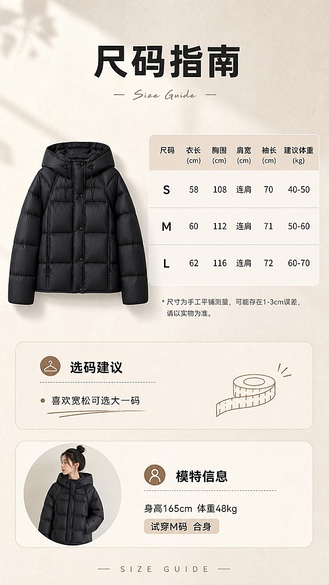 [商品] 使用【图1】黑色连帽短款羽绒服；商品处理：保留连帽抽绳、按扣门襟、插肩袖、横向绗缝方格、短款廓形、口袋、黑色面料颜色和蓬松质感；自然去除衣身杂乱褶皱，理顺垂坠，增强面料纹理、缝线、按扣和抽绳五金质感，不改变版型和结构。
[画面] 目标：尺码信息与选购建议页，辅助用户下单决策。构图：上半部分左侧为服装正面平铺小图，右侧为尺码表格；下半部分为选码建议+模特身材信息；背景为浅米杏色纸张质感+柔和光影，整体清晰易读，信息层级分明。
[视觉] 套系策略：风格=韩系简约高级商业摄影；标题字=现代无衬线粗体（思源黑体Heavy）；正文字=简洁无衬线体（思源黑体Regular）；主色=炭黑+米杏；背景延展=基于米杏、暖灰做深浅层级、同色渐变和细腻水泥/纸张质感；强调色=奶咖棕，仅用于小面积图标、引线和标签；标题色=深炭黑；正文色=中暖灰；组件=圆角浅底信息卡、细线引线、手写英文小字装饰；光影=均匀柔光，清晰明亮。
[文字] 顶部主标题「尺码指南」，尺码表包含S/M/L三个尺码，字段为：衣长、胸围、肩宽、袖长、建议体重；下方选码建议：「喜欢宽松可选大一码」；模特信息：「身高165cm 体重48kg 试穿M码 合身」；底部小号英文「SIZE GUIDE」；所有文字横排，字号适中，手机端清晰可读。
[规格] 图片比例9:16竖版，4K，避免变形、错字、文字过小、冷蓝/蓝灰背景、衣服颜色改变、版型失真、绝对化用语。