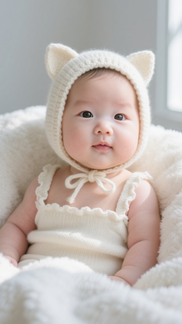 一张温馨可爱的小宝宝写真照片，画面中是一个戴着米白色针织猫耳帽子的小婴儿，帽子边缘有精致的针织纹路，帽绳系成可爱的蝴蝶结。宝宝穿着同款米白色针织吊带衣，衣服肩带处有褶皱花边设计。婴儿躺在柔软蓬松的白色毛毯中，毛毯表面有细腻的纹理。整体画面采用柔和的自然光，光线从左侧窗户透入，在宝宝脸部形成明亮柔和的光影效果，眼神清澈明亮，皮肤质感细腻通透，呈现出粉嫩健康的色泽。背景为浅灰色和白色的柔和过渡，营……预览效果