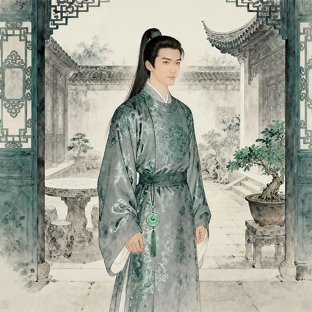 工笔水墨交融，古典中式庭院中，一袭青衣雅士静立，玉佩轻垂，意境唯美，尽显国潮风韵与静谧优雅。