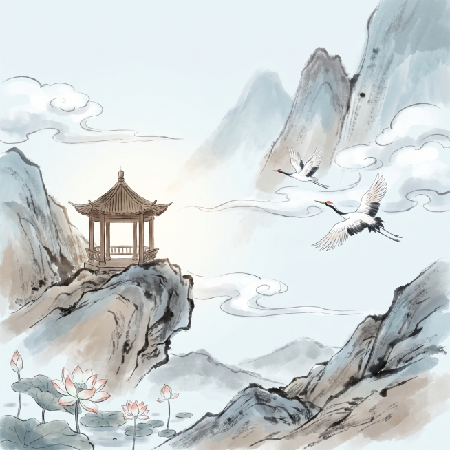 淡雅水墨款数字艺术插画，国风淡彩水墨插画，留白构图，青灰浅棕低饱和配色，晕染水墨肌理，包含远山流云、古建、荷花、仙鹤，柔和侧光，淡雅宁静氛围感，细腻笔刷，传统东方美学，线条飘逸干净预览效果