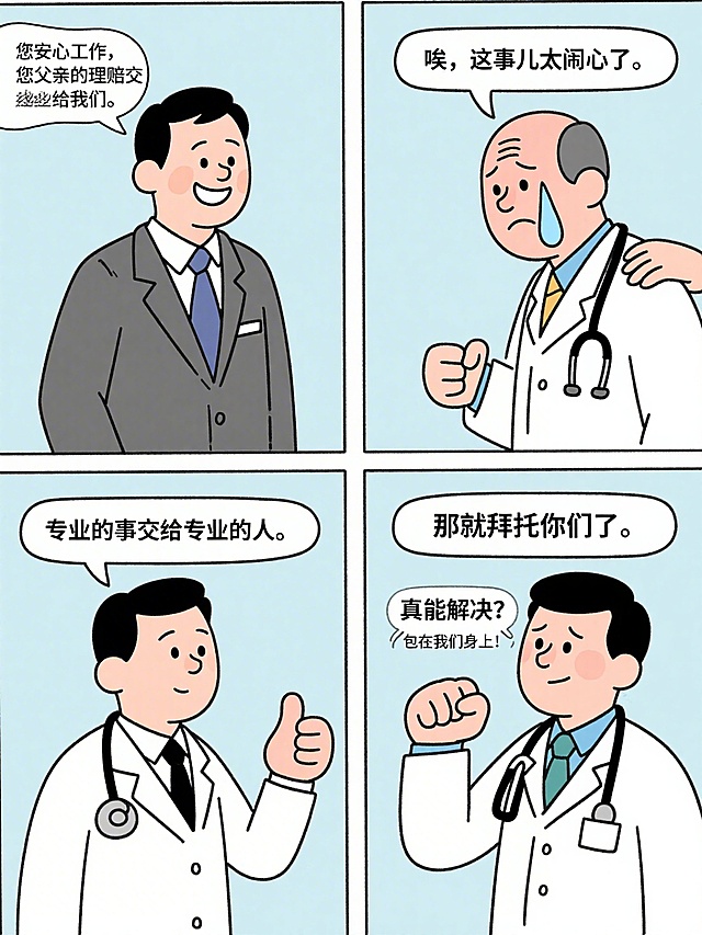 保险公司穿着西装的工作人员对焦头烂额的医生说：您安心工作，您父亲的理赔交给我们。
西装的人员笑脸，医生是中年 哭丧脸