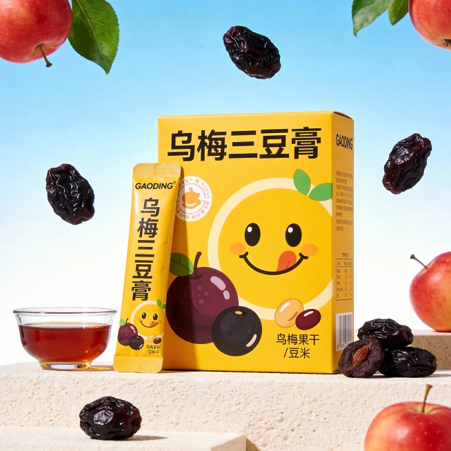 低角度仰视视角，以黄色为主色调的 “乌梅三豆膏” 食品包装盒，印有logo“GAODING”和卡通笑脸、乌梅果干 / 豆子插画；左侧竖立着一袋同款的独立小袋包装；左边是是透明玻璃小碗装的棕红色液体；置预览效果