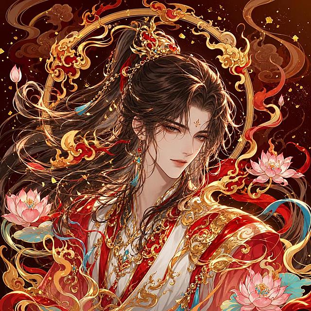参考图片的国潮插画风格，中间有一位英俊潇洒的动漫男生，制作微信头像，保留原图的国潮红金烫金、祥云荷花装饰风格，深棕色背景搭配金粉点缀