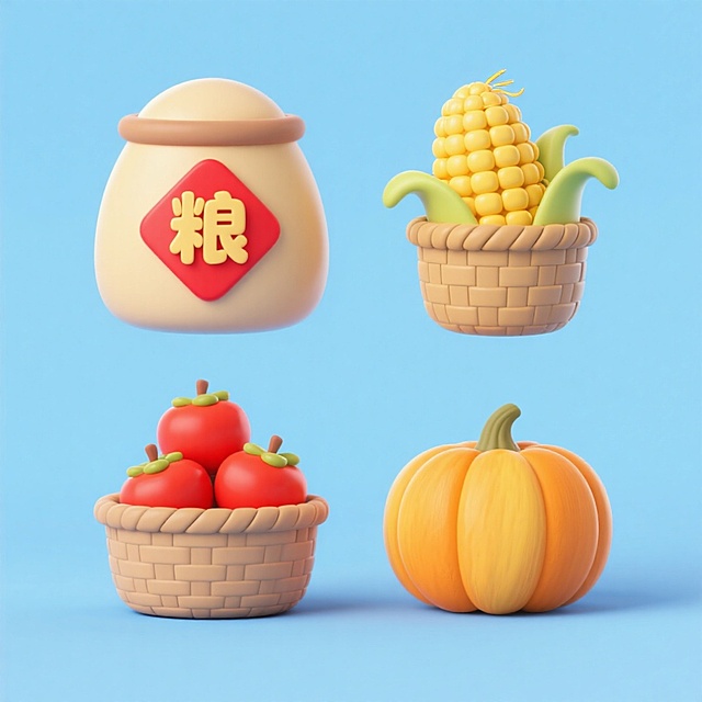 4个中秋素材组合，可爱电商促销感。素材包括：第一个粮仓（贴着带有 “粮” 字的红色菱形福字）；第二个一筐玉米；第三个一筐柿子；第四个南瓜。画面整体呈现鲜艳效果，淡蓝色背景。上下两行，排列整齐