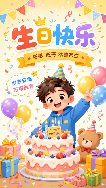 活泼卡通风格生日海报，主标题文字"生日快乐"，副标题文字"彬彬 淞哥 欢喜常在"，装饰文案文字"岁岁安康 万事胜意"，整体色调明亮活泼，加入生日蛋糕、气球、彩带等生日装饰元素，排版精美，四边留足安全边预览效果