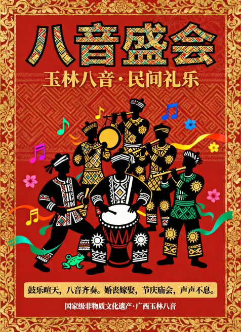 展现八音合奏热闹欢腾的民俗场景，年画风格，喜庆热烈。画面中央是一支八音队装饰性剪纸风格群像：前排鼓手击鼓，后排锣手、唢呐手、笛手错落而立，人物轮廓简洁动态夸张，服饰填充壮锦纹样菱形纹、太阳纹、蛙纹。背预览效果