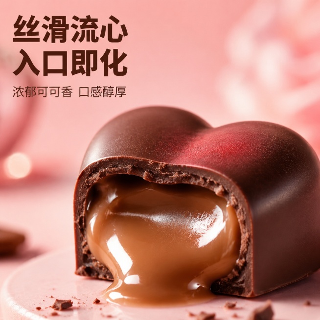 [主图-3] 巧克力微距细节纹理展示
[氛围风格] 极致食欲感，细腻质感呈现
[画质] 商业摄影微距特写，清晰度高，纹理细节丰富
[元素] 微距特写单颗心形夹心巧克力，切开后呈现绵密流心内馅，流心微微预览效果