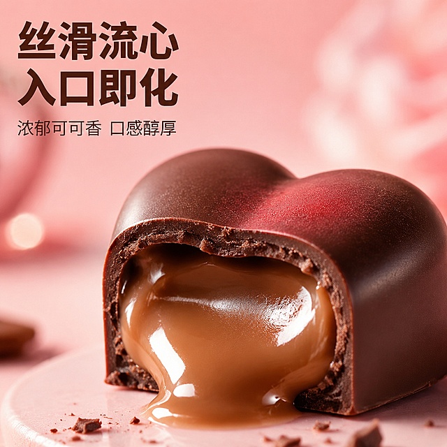 [主图-3] 巧克力微距细节纹理展示
[氛围风格] 极致食欲感，细腻质感呈现
[画质] 商业摄影微距特写，清晰度高，纹理细节丰富
[元素] 微距特写单颗心形夹心巧克力，切开后呈现绵密流心内馅，流心微微溢出增加动态食欲感，保持巧克力外观颜色质感真实，杜绝变形色差。背景虚化突出巧克力主体，浅粉色柔焦背景呼应整体风格。商品主体占比65%，画面主体突出
[光影] 自然暖阳逆光，穿透巧克力表层，凸显丝滑质感和流心光泽，光影通透诱人
[配色] 深棕巧克力+浅棕流心+浅粉色背景，暖调食欲配色
[视角构图] 微距平视特写，焦点对准夹心切面，背景浅景深虚化
[文字版式] 左上留白区域，大字文案"丝滑流心 入口即化"，深棕色粗体；下方小字"浓郁可可香 口感醇厚"，缩小字号，清晰不遮挡主体
[输出要求] 1:1比例，文字清晰锐利，超高清商业摄影质感
[负向提示词] 变形，文字错乱，产品图模糊，背景杂乱，水印，电商平台Logo