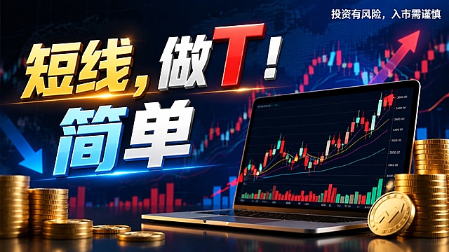 参考提供的金融图片风格生成公众号封面图，比例16:9，尺寸1920*1080。背景为包含K线、技术指标涨跌的金融相关画面，左侧和右侧堆叠金币，笔记本电脑屏幕显示股票走势图，和参考图构图类似。右上角必须添加风险提示文字：“投资有风险，入市需谨慎”。主标题分两行显示：第一行“短线，做T！”，第二行“简单”，标题突出重点关键字，字体配色多样且合理。除标题和风险提示外，不添加任何其他文案内容，整体风格商务金融，色彩清晰有冲击力。