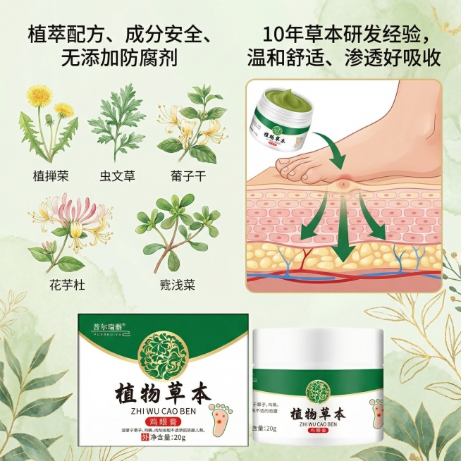 3. 痛点唤醒（四大鸡眼问题）
亮点：用真实鸡眼问题图片 + 文字标签，直击用户痛点，引发 “我也有这个问题” 的共鸣。
作用：制造需求，让用户产生 “需要解决” 的动机。
4. 原理科普（鸡眼是什么预览效果