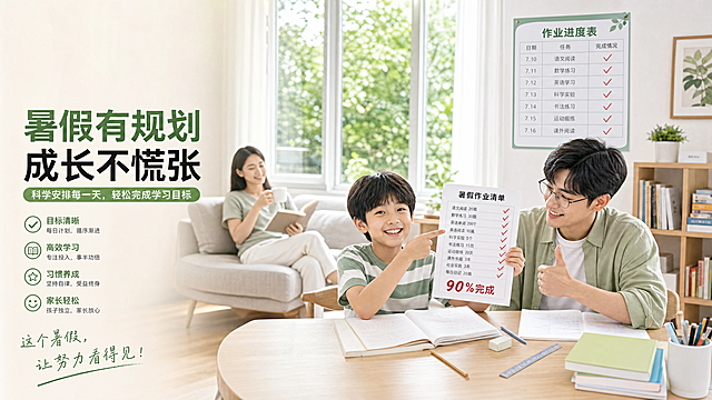 明亮温暖的室内场景，一张木桌旁，一名7-12岁小学生开心地指着暑假作业清单，清单上大部分项目已打红勾，旁边标注文字"90%完成"。一名20多岁戴细框眼镜的大学生微笑着坐在孩子身边，鼓励地点头，桌上摊开作业本和文具，没有试卷或题海。不远处一位母亲轻松地坐在沙发上喝茶看书，面带微笑，没有辅导作业的疲惫感。背景墙上贴着一张"作业进度表"，每日任务都已打勾。窗外有绿树和阳光，整体色调为柔和的白色+浅木色+淡绿色，避免偏黄，画面温馨轻松充满成就感，高清画质，适合教育招生海报