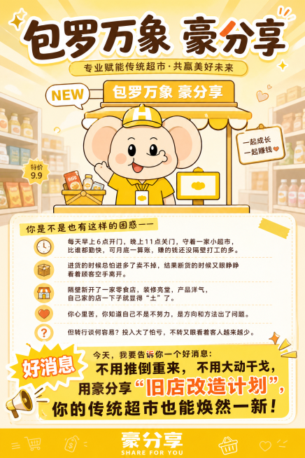竖版招商广告，整体黄色主题，参考图中大象摊位卡通形象，调整大象为黄色衣服、正常肤色皮肤，保留原可爱招手设计，完整包含用户提供全部文案，使用清晰舒适排版，痛点分段展示，结尾好消息突出放大，文案内容："你预览效果