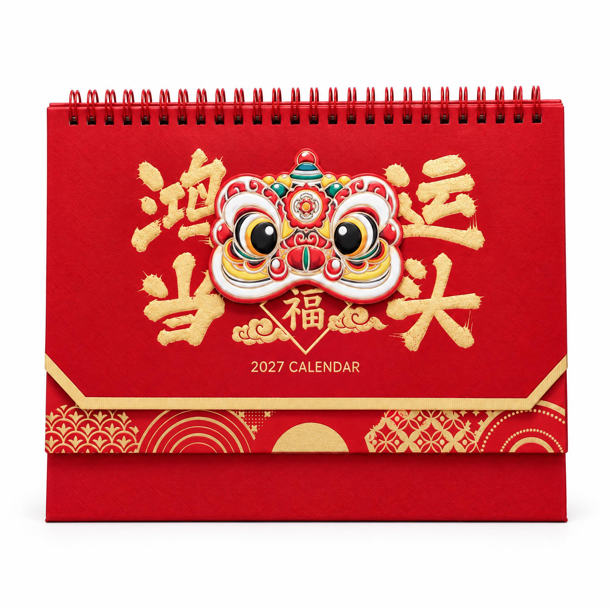 [白底图] 纯白背景产品图，展示鸿运当头醒狮款台历。 [画面]… - 图片创意预览