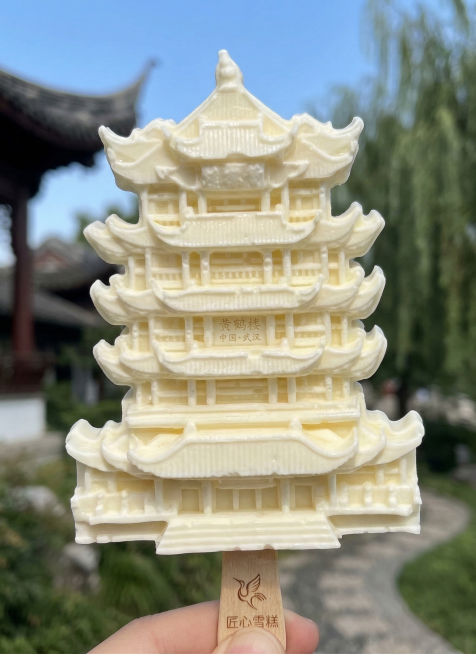 参考图中建筑样式，生成黄鹤楼形状的雪糕，还原黄鹤楼的飞檐、层楼等细节，呈现雪糕的质感预览效果