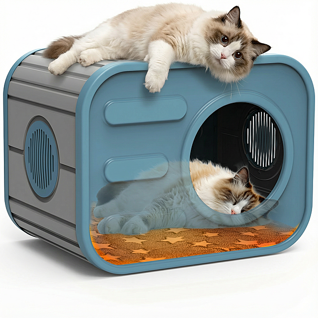 在参考图1基础上生成猫窝顶部慵懒趴着一只圆眼布偶猫（好奇表情），露出好奇表情，画面干净通透，色调柔和温暖，质感像高清商品展示图，背景纯白无杂物，高清，4k，4张图，顶部猫咪姿势参考图2