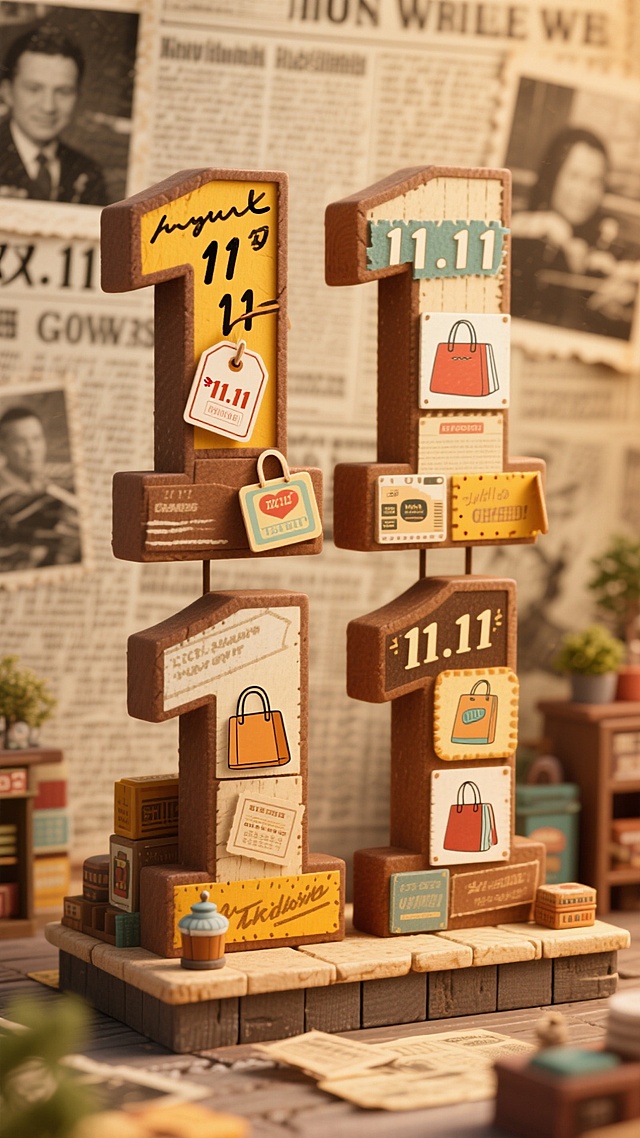 复古感与文艺感交织的3D手账风拼贴设计，木雕质感数字“11.11”点缀标签与购物袋，营造温馨趣味的节日氛围。