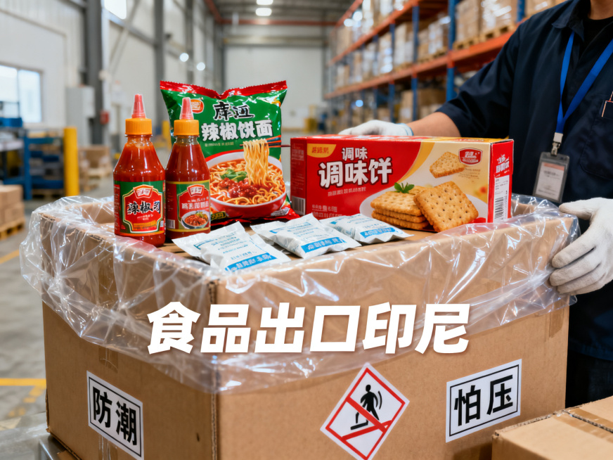 4:3比例，高清晰度的商业摄影照片，内容为辣椒酱瓶、方便面袋、饼干盒、调味包几款代表性食品，正在被操作员用防潮膜包裹、放入加固纸箱并加入干燥剂，箱体张贴“防潮”“怕压”标识，背景是明亮整洁的专业仓库，预览效果