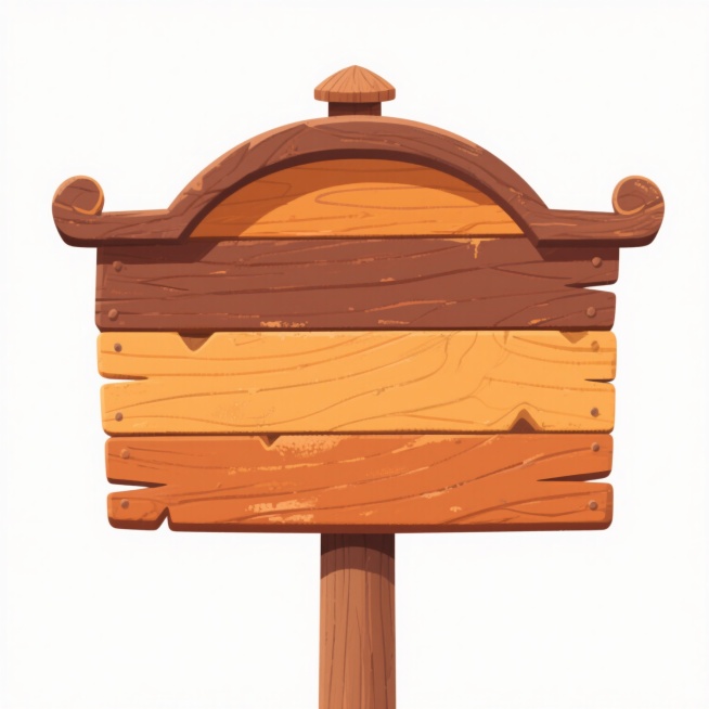 一个带有弧形顶部和装饰性边角的木质指示牌，由深浅不一的橙黄色木板拼接而成，表面有自然的木纹肌理和轻微的磨损效果，底部连接着一根圆柱形木杆，顶部有一个小巧的木质装饰帽，整体呈现出简约而温馨的卡通插画风格，背景为纯白色。预览效果
